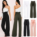 New Women High Waist Pants Belt Ruffle Zip Solid Color Wide Leg Trousers Elegant Long Pant