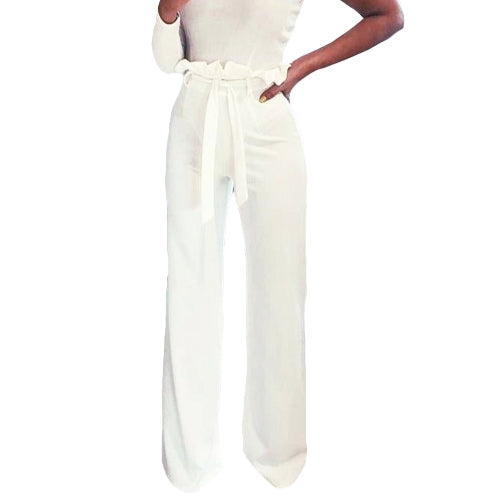 New Women High Waist Pants Belt Ruffle Zip Solid Color Wide Leg Trousers Elegant Long Pant