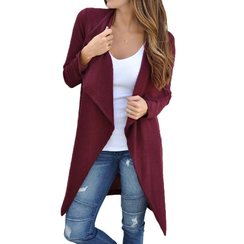 Women Waffle Knitted Cardigan Coat Open Front Turn-down Collar Bertha Loose Long Outwear