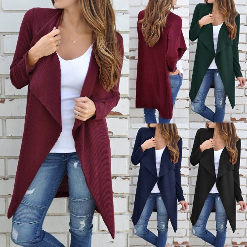 Women Waffle Knitted Cardigan Coat Open Front Turn-down Collar Bertha Loose Long Outwear