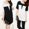 Women T-Shirt O-Neck Patch Tee Top Short Sleeve Casual Loose Pullover Top Black/Beige