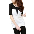 Women T-Shirt O-Neck Patch Tee Top Short Sleeve Casual Loose Pullover Top Black/Beige