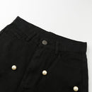 Women Pearls Denim Jeans Straight Pants High Waist Zipper Fly Casual Trousers Pants Black