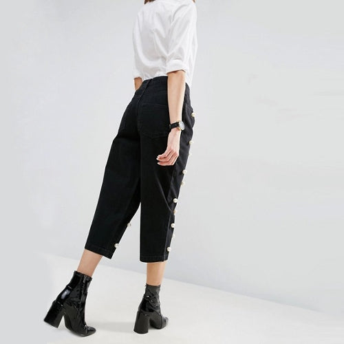 Women Pearls Denim Jeans Straight Pants High Waist Zipper Fly Casual Trousers Pants Black