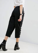 Women Pearls Denim Jeans Straight Pants High Waist Zipper Fly Casual Trousers Pants Black