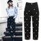 Women Pearls Denim Jeans Straight Pants High Waist Zipper Fly Casual Trousers Pants Black