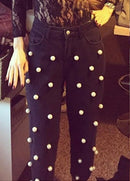 Women Pearls Denim Jeans Straight Pants High Waist Zipper Fly Casual Trousers Pants Black