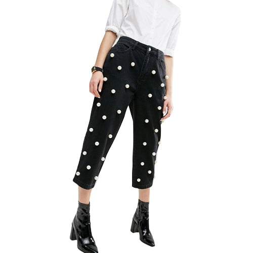 Women Pearls Denim Jeans Straight Pants High Waist Zipper Fly Casual Trousers Pants Black