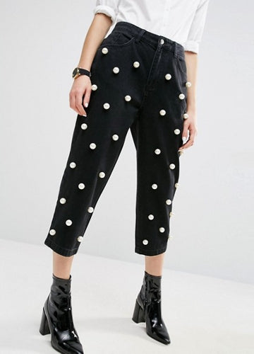 Women Pearls Denim Jeans Straight Pants High Waist Zipper Fly Casual Trousers Pants Black