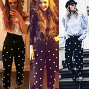 Women Pearls Denim Jeans Straight Pants High Waist Zipper Fly Casual Trousers Pants Black