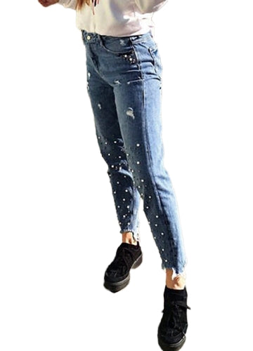 Women Ripped Jeans Denim Pears Destroyed Frayed Holes Washed Distressed Boyfriend Pants Trousers Tights