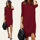 Women 3/4 Sleeves Casual Dress Ruched Hem O Neck Soft Asymmetrical Shift T-shirt Dress