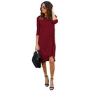 Women 3/4 Sleeves Casual Dress Ruched Hem O Neck Soft Asymmetrical Shift T-shirt Dress