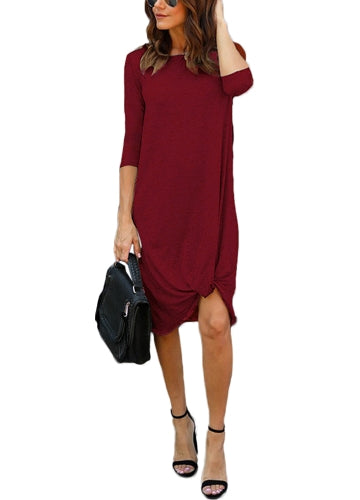 Women 3/4 Sleeves Casual Dress Ruched Hem O Neck Soft Asymmetrical Shift T-shirt Dress