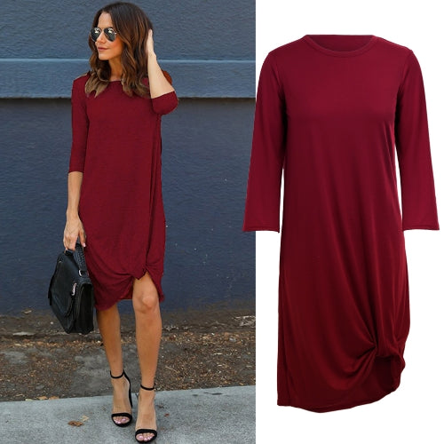 Women 3/4 Sleeves Casual Dress Ruched Hem O Neck Soft Asymmetrical Shift T-shirt Dress