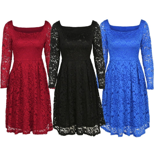 Women Floral Lace Dress Long Sleeves Slash Neck A-Line Side Zipper Plus Size Evening Wedding Party Dress