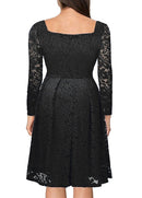 Women Floral Lace Dress Long Sleeves Slash Neck A-Line Side Zipper Plus Size Evening Wedding Party Dress