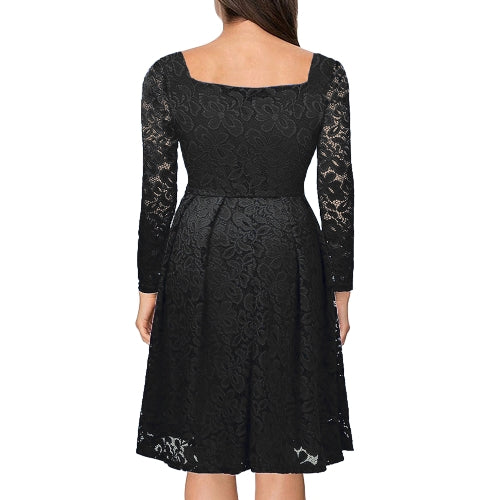 Women Floral Lace Dress Long Sleeves Slash Neck A-Line Side Zipper Plus Size Evening Wedding Party Dress