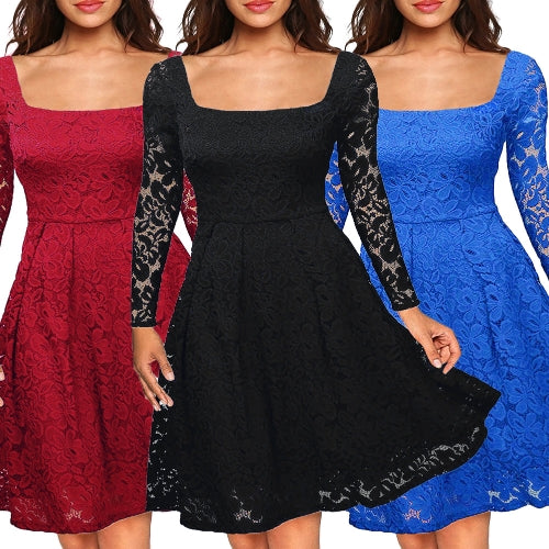 Women Floral Lace Dress Long Sleeves Slash Neck A-Line Side Zipper Plus Size Evening Wedding Party Dress