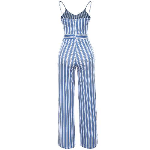 Women Jumpsuit Romper Spaghetti Strap Striped Lace Up Summer Overalls Backless Sexy Playsuit