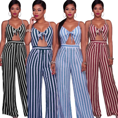 Women Jumpsuit Romper Spaghetti Strap Striped Lace Up Summer Overalls Backless Sexy Playsuit