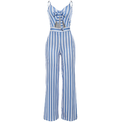 Women Jumpsuit Romper Spaghetti Strap Striped Lace Up Summer Overalls Backless Sexy Playsuit