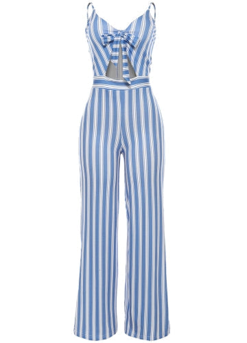 Women Jumpsuit Romper Spaghetti Strap Striped Lace Up Summer Overalls Backless Sexy Playsuit