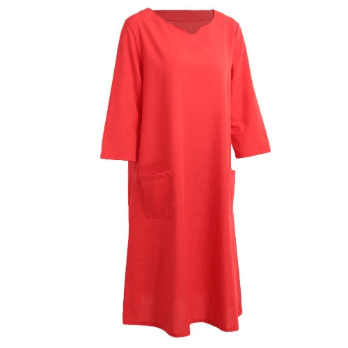 Oversized Women Retro Dress Casual Loose Long Dress Pockets Solid Plus Size Dress Black/Red