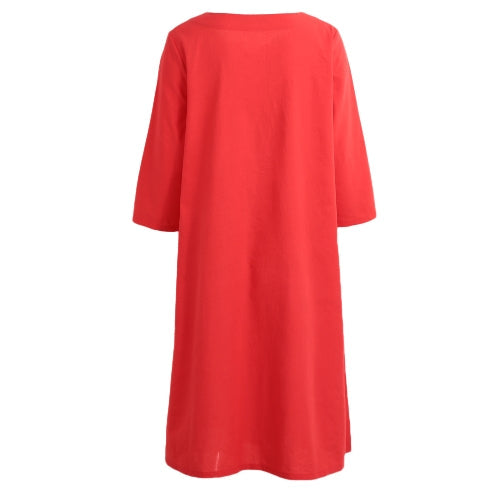 Oversized Women Retro Dress Casual Loose Long Dress Pockets Solid Plus Size Dress Black/Red