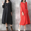 Oversized Women Retro Dress Casual Loose Long Dress Pockets Solid Plus Size Dress Black/Red