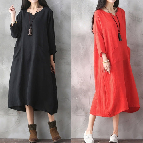 Oversized Women Retro Dress Casual Loose Long Dress Pockets Solid Plus Size Dress Black/Red