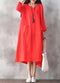 Oversized Women Retro Dress Casual Loose Long Dress Pockets Solid Plus Size Dress Black/Red