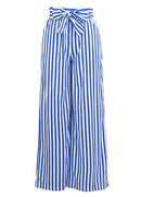 Women Pants Contrast Stripes Print High Waist Straight Wide Legs Bow Tie Casual Trousers Party Wear