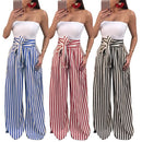 Women Pants Contrast Stripes Print High Waist Straight Wide Legs Bow Tie Casual Trousers Party Wear