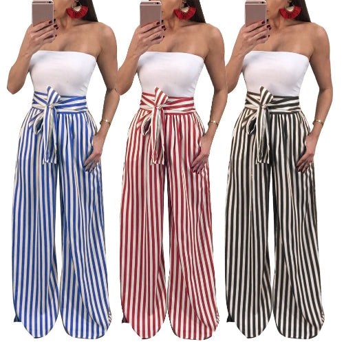 Women Pants Contrast Stripes Print High Waist Straight Wide Legs Bow Tie Casual Trousers Party Wear