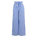 Women Pants Contrast Stripes Print High Waist Straight Wide Legs Bow Tie Casual Trousers Party Wear