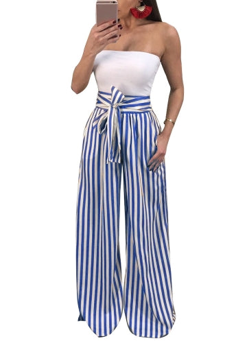 Women Pants Contrast Stripes Print High Waist Straight Wide Legs Bow Tie Casual Trousers Party Wear