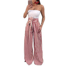 Women Pants Contrast Stripes Print High Waist Straight Wide Legs Bow Tie Casual Trousers Party Wear