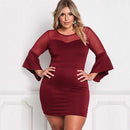 Sexy Women Plus Size Dress O Neck Three Quarter Sleeve Solid Slim Elegant Party Dress Burgundy / Black