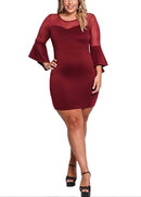 Sexy Women Plus Size Dress O Neck Three Quarter Sleeve Solid Slim Elegant Party Dress Burgundy / Black