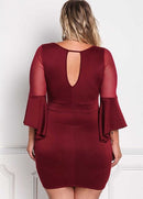 Sexy Women Plus Size Dress O Neck Three Quarter Sleeve Solid Slim Elegant Party Dress Burgundy / Black