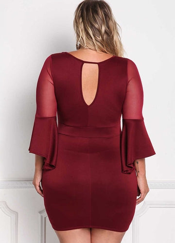 Sexy Women Plus Size Dress O Neck Three Quarter Sleeve Solid Slim Elegant Party Dress Burgundy / Black