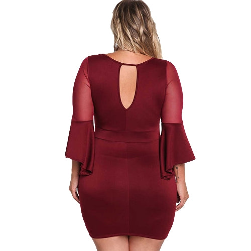 Sexy Women Plus Size Dress O Neck Three Quarter Sleeve Solid Slim Elegant Party Dress Burgundy / Black