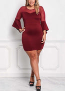 Sexy Women Plus Size Dress O Neck Three Quarter Sleeve Solid Slim Elegant Party Dress Burgundy / Black