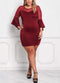 Sexy Women Plus Size Dress O Neck Three Quarter Sleeve Solid Slim Elegant Party Dress Burgundy / Black