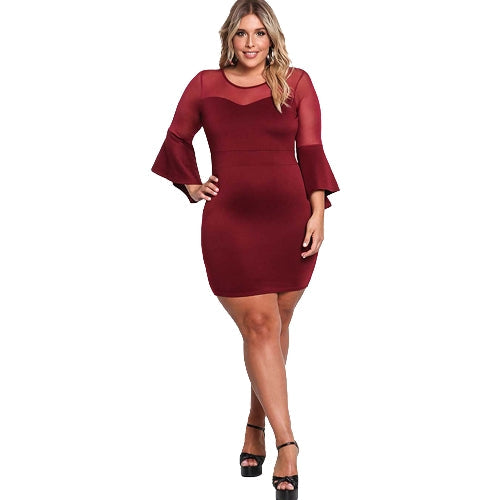 Sexy Women Plus Size Dress O Neck Three Quarter Sleeve Solid Slim Elegant Party Dress Burgundy / Black