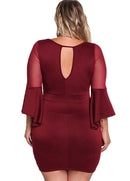 Sexy Women Plus Size Dress O Neck Three Quarter Sleeve Solid Slim Elegant Party Dress Burgundy / Black