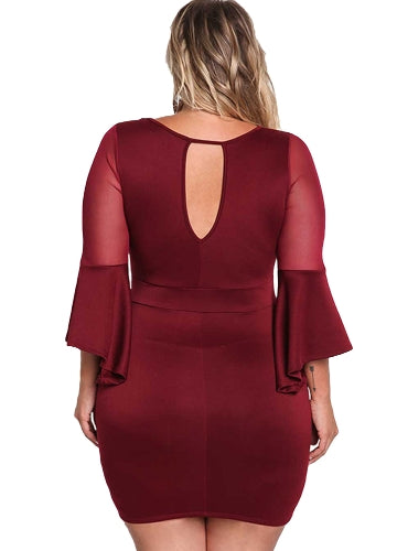 Sexy Women Plus Size Dress O Neck Three Quarter Sleeve Solid Slim Elegant Party Dress Burgundy / Black