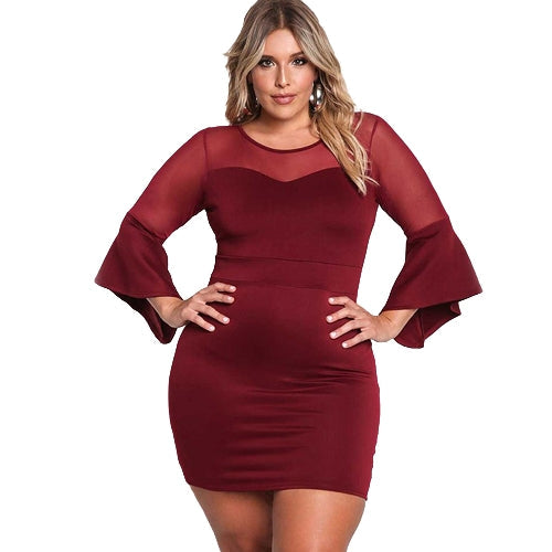 Sexy Women Plus Size Dress O Neck Three Quarter Sleeve Solid Slim Elegant Party Dress Burgundy / Black