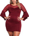 Sexy Women Plus Size Dress O Neck Three Quarter Sleeve Solid Slim Elegant Party Dress Burgundy / Black